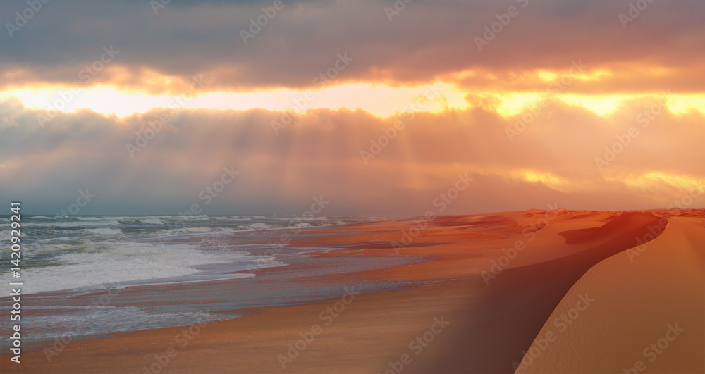Namib desert with Atlantic ocean meets near Skeleton coast at sunset - Namibia, South Africa