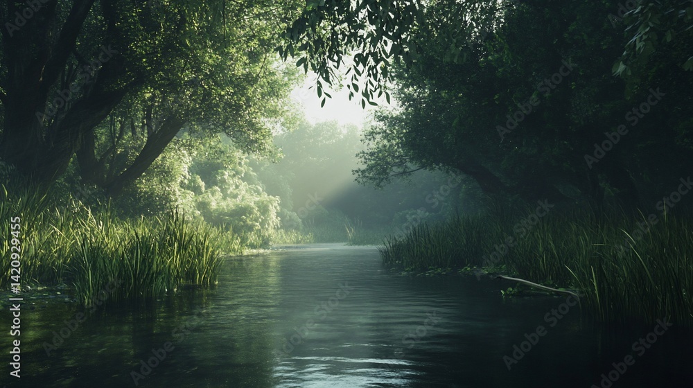Obraz premium Serene river landscape with lush greenery and sunbeams piercing the mist