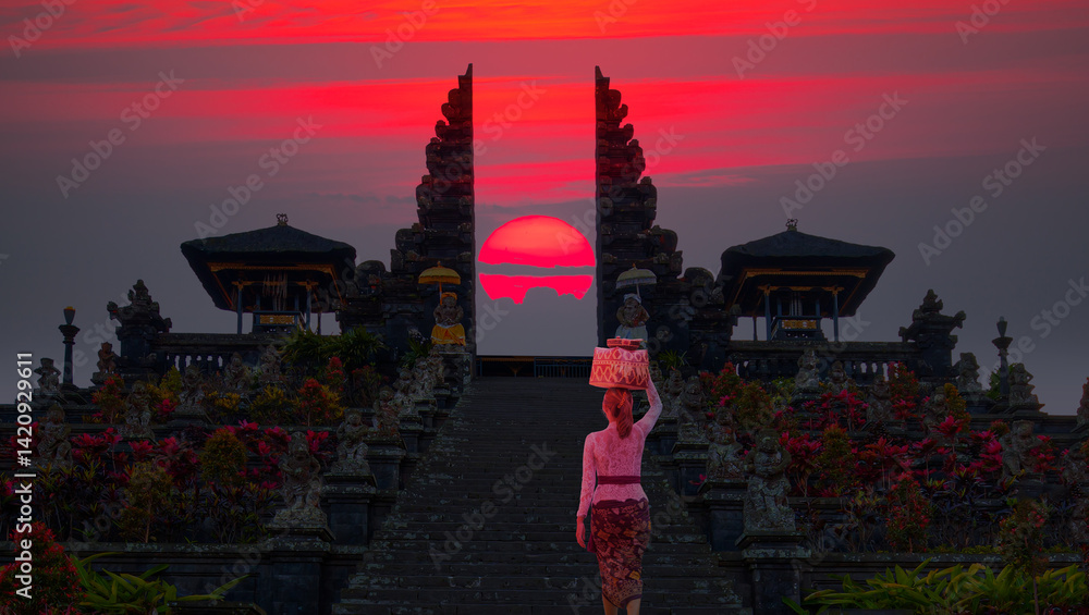 Beautiful balinese girl walking in traditional costume - Pura Besakih temple on the slopes of Mount Agung largest and holiest temple at red sunset - Bali, Indonesia