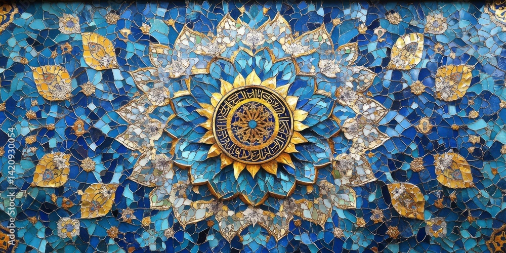 Intricate mosaic artwork displays ornate floral and geometric patterns Intricate mosaic artwork displays ornate floral and geometric patterns