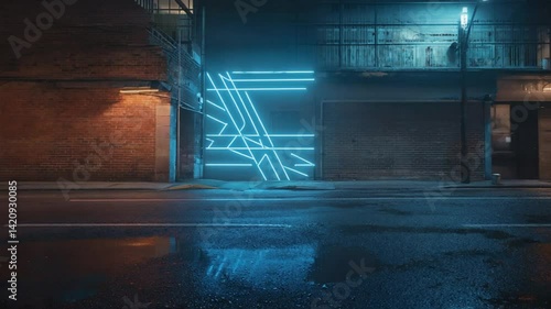 Urban Alleyway with Neon Light Artwork on Wall Moody Rainy Night