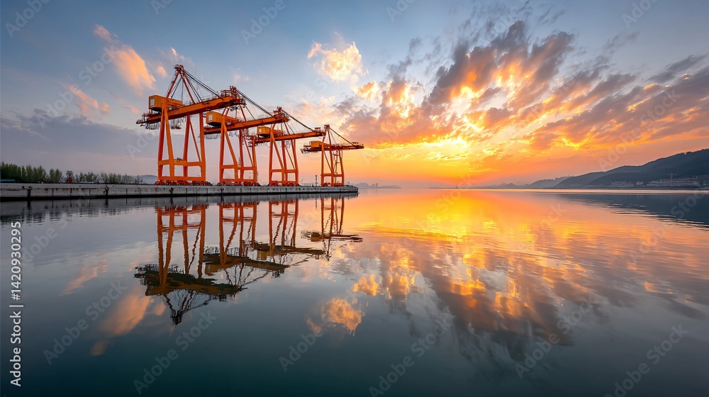 An industrial port powered by offshore wind farms, with container cranes silhouetted against a vibrant dawn sky An industrial port powered by offshore wind farms, with container cranes silhouetted against a vibrant dawn sky