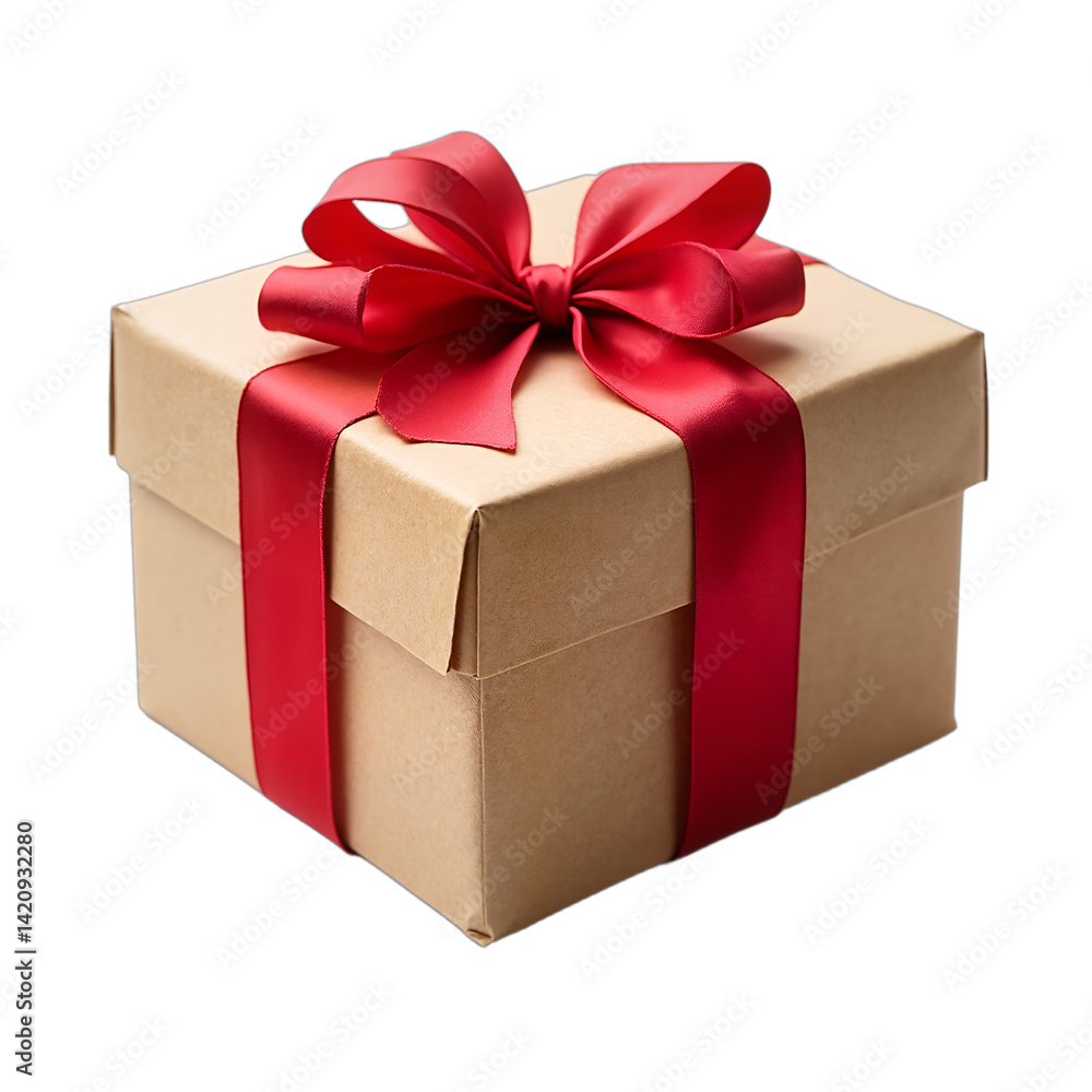 Obraz premium Elegant gift box wrapped in kraft paper with red satin ribbon. Ideal for Christmas, Valentine's Day, birthdays, e-commerce product displays. Isolated on transparent background.