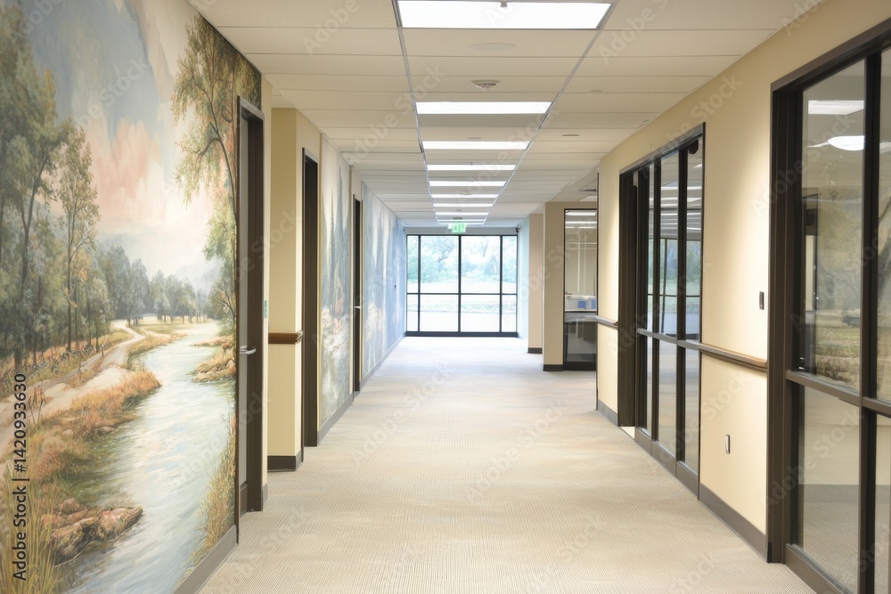 well-designed corridor with open spaces, modern elements, a soft color palette, large nature-themed murals, and sliding glass doors leading to meeting rooms, highlighting a harmonious and inspiring wo well-designed corridor with open spaces, modern elements, a soft color palette, large nature-themed murals, and sliding glass doors leading to meeting rooms, highlighting a harmonious and inspiring wo