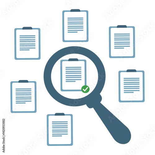 Document review process and quality control concept. magnifying glass over a document icon with checklist, Document review and approval