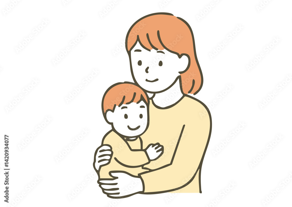 赤ちゃんを抱っこする母親のイラスト（シンプル・線画）