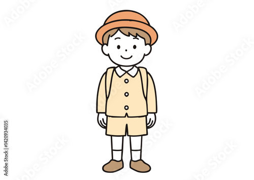 幼稚園の制服を着た男の子のイラスト（園児・登園・笑顔）
