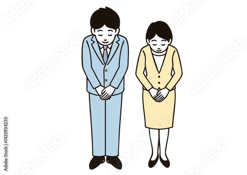 スーツ姿の男女が丁寧にお辞儀するビジネスマナーイラスト
