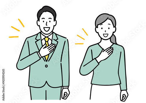 胸に手を当てて笑顔で挨拶する男女ビジネスパーソンのイラスト