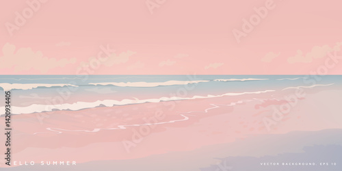 Hello summer wallpaper, horisontal wab banner, poster, greeting card design template. Hand drawn realistic tropical ocean sunrise beach landscape with pink sand and waves. Vector illustration