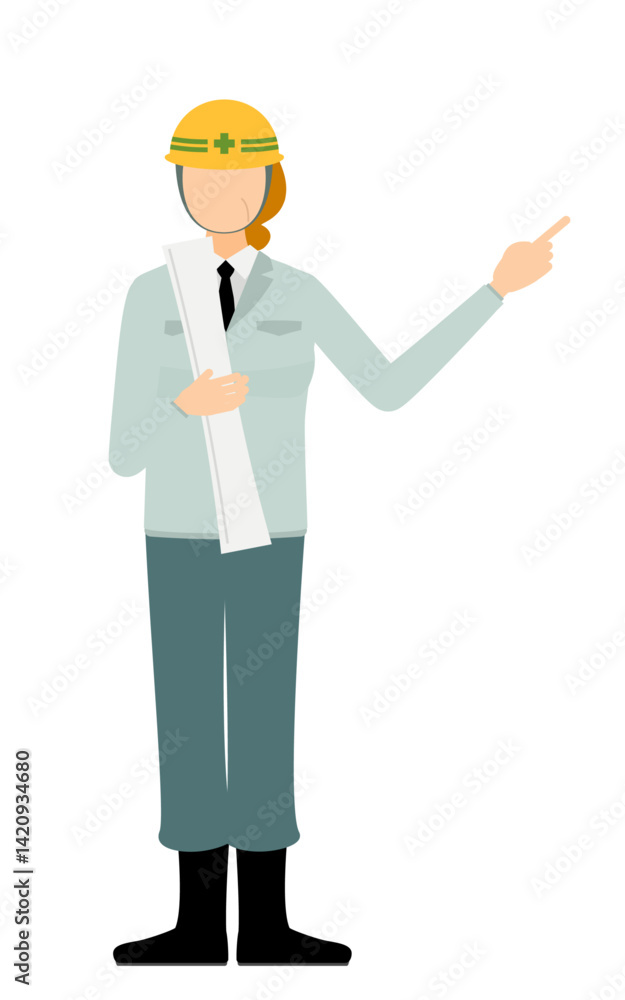 Simple illustration of a senior woman supervisor wearing a helmet take a drawing and point to it Simple illustration of a senior woman supervisor wearing a helmet take a drawing and point to it