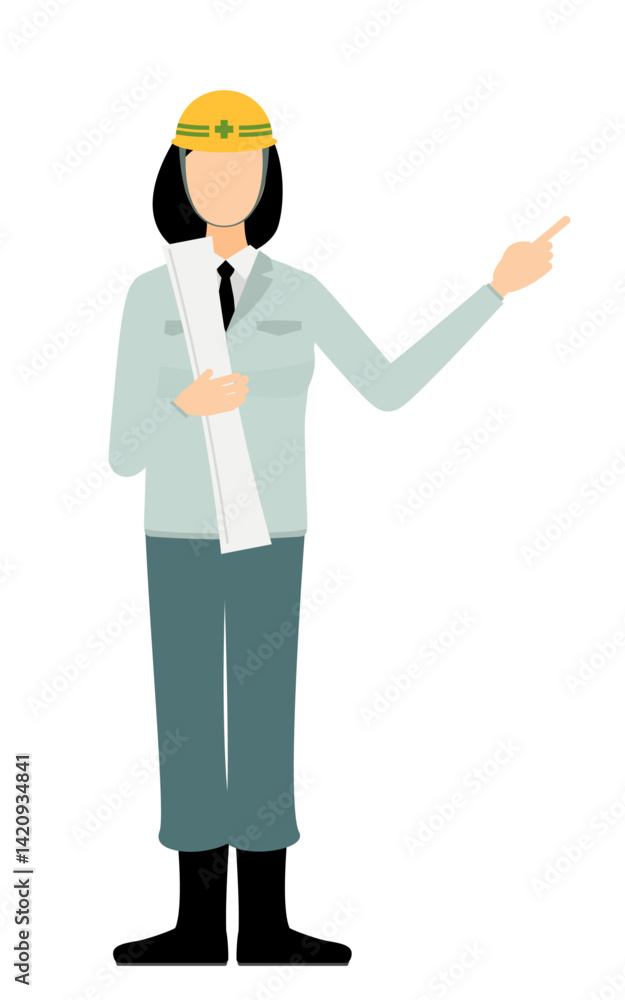 Simple illustration of a woman supervisor wearing a helmet take a drawing and point to it Simple illustration of a woman supervisor wearing a helmet take a drawing and point to it