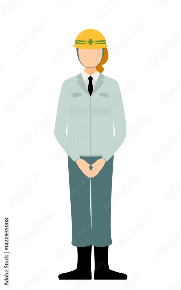 Simple illustration of a senior woman supervisor wearing a helmet stand with hands together in front of her body Simple illustration of a senior woman supervisor wearing a helmet stand with hands together in front of her body