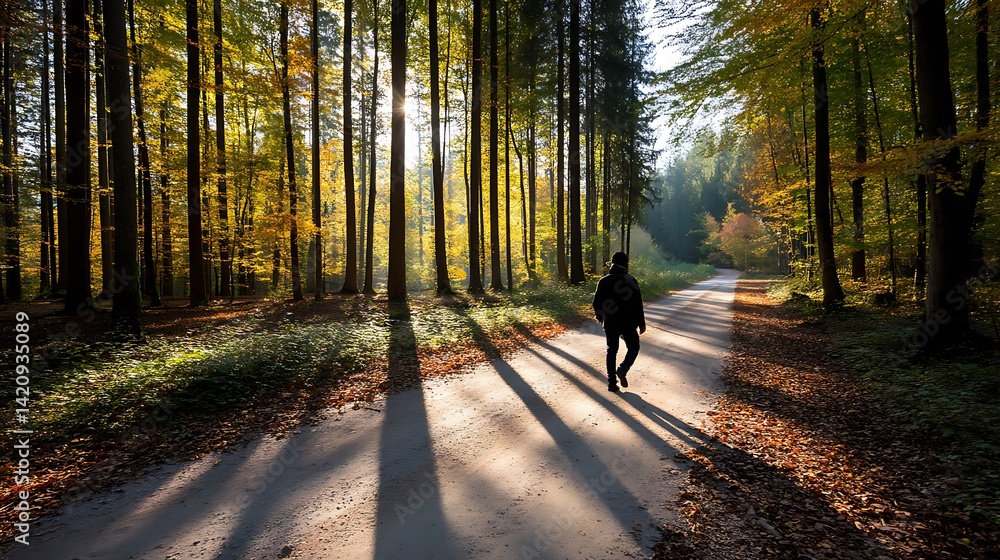 Obraz premium Serene Autumn Walk in Forest Pathway with Vibrant Foliage and Gentle Sunlight Streaming Through Trees