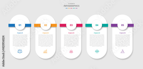 5 points template infographic with round box capsule standing with horizontal badge circle with drop shadow style with four stage list information