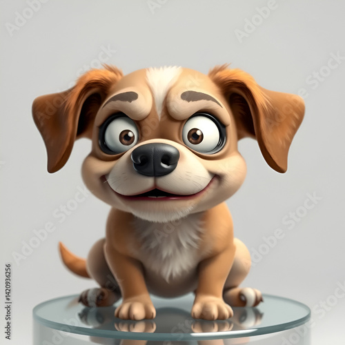 Whimsical digital depicting an irate and astounded dog with a furrowed brow and wide open eyes sitting on a clear transparent surface and conveying a jovial and playful countenance