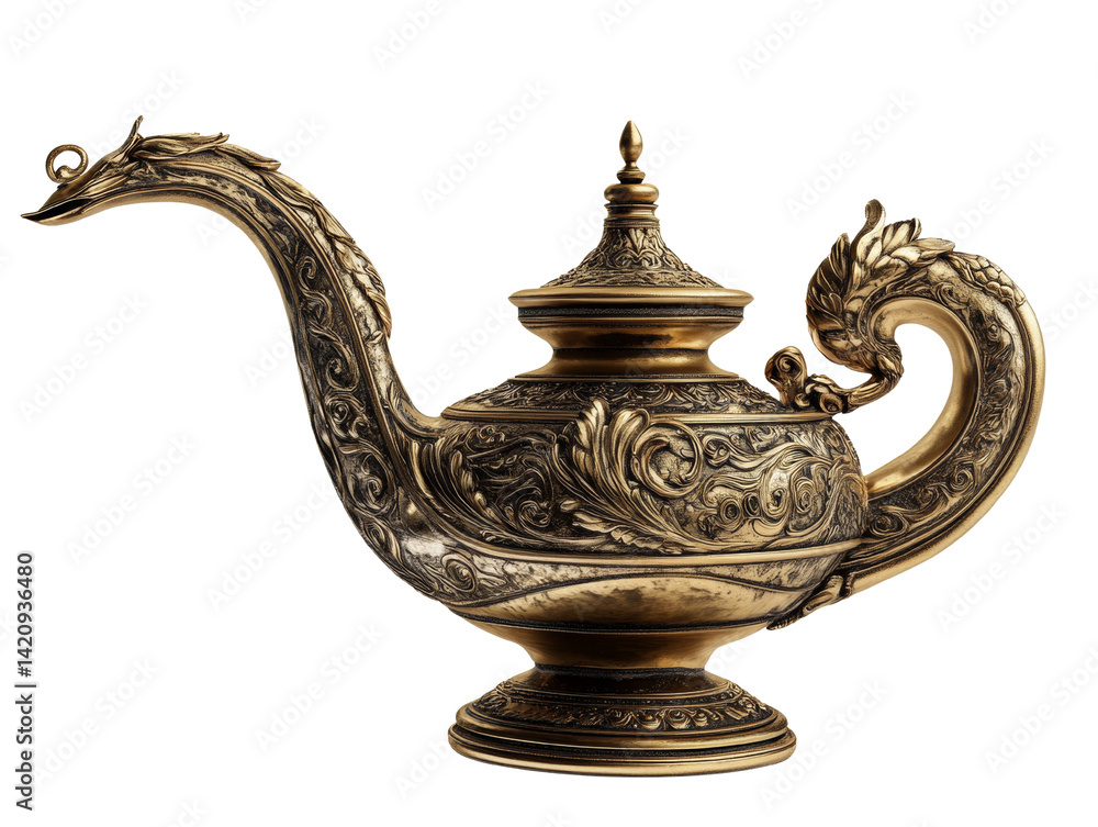 Fototapeta premium Ornamental brass teapot with intricate dragon spout design on black background