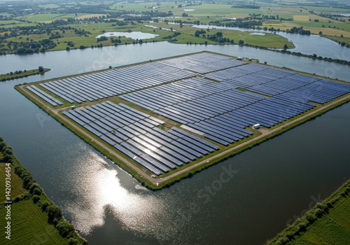 Solar farm in the middle of the river with rows of floating solar panels under clear blue sky on a sunny day, reflecting the sun's rays.
