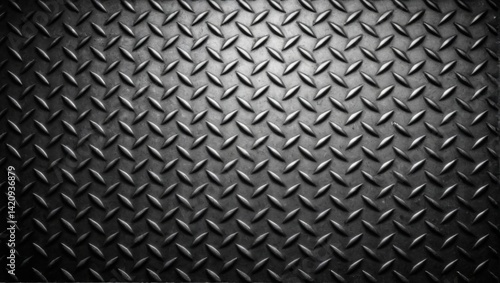 Black and white closeup diamond plate pattern with uniform diamondshaped design on solid black background for textural industrial look.
