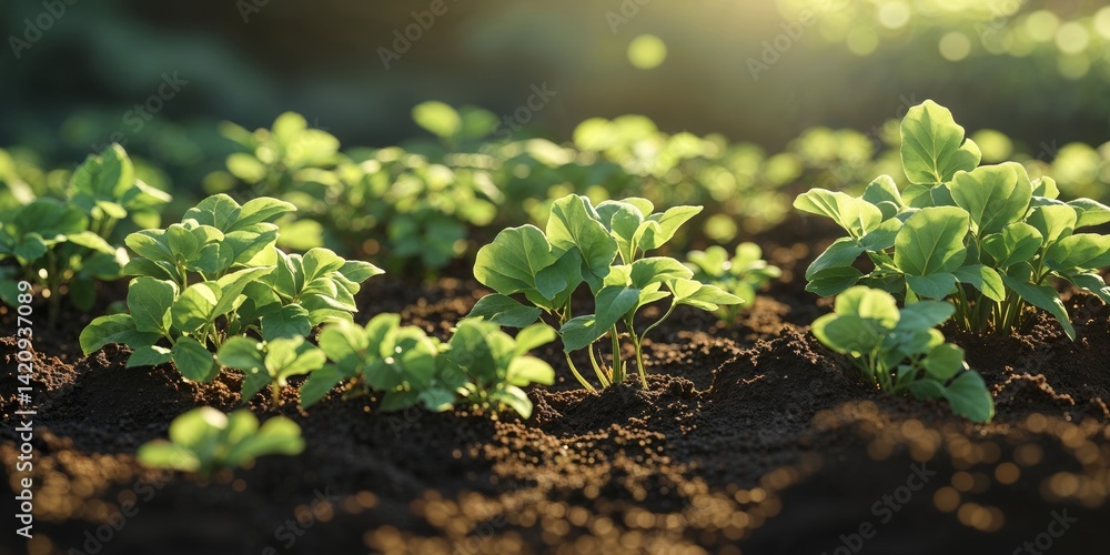 Lush vegetation growing on fertile soil with sunlight Lush vegetation growing on fertile soil with sunlight