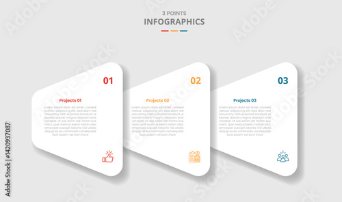 3 points template infographic with creative round triangle stacked layer on horizontal direction with drop shadow style with three stage list information