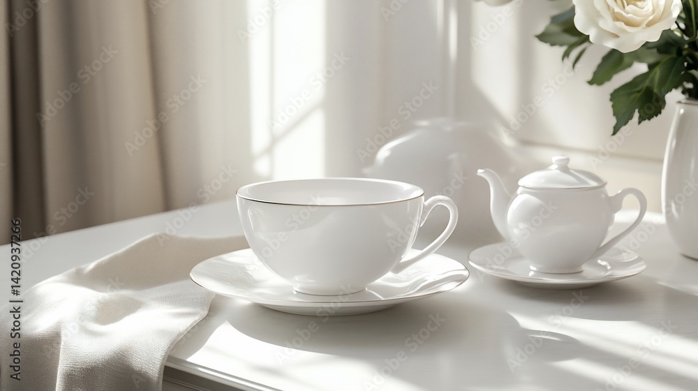 Elegant white tea set bathed in soft, natural light on a white table top Elegant white tea set bathed in soft, natural light on a white table top