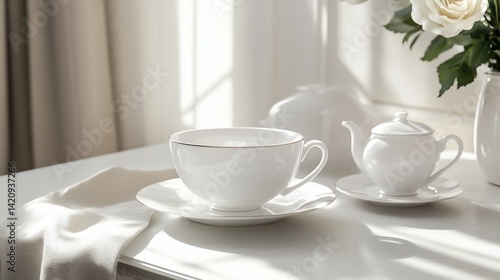 Wallpaper Mural Elegant white tea set bathed in soft, natural light on a white table top Torontodigital.ca