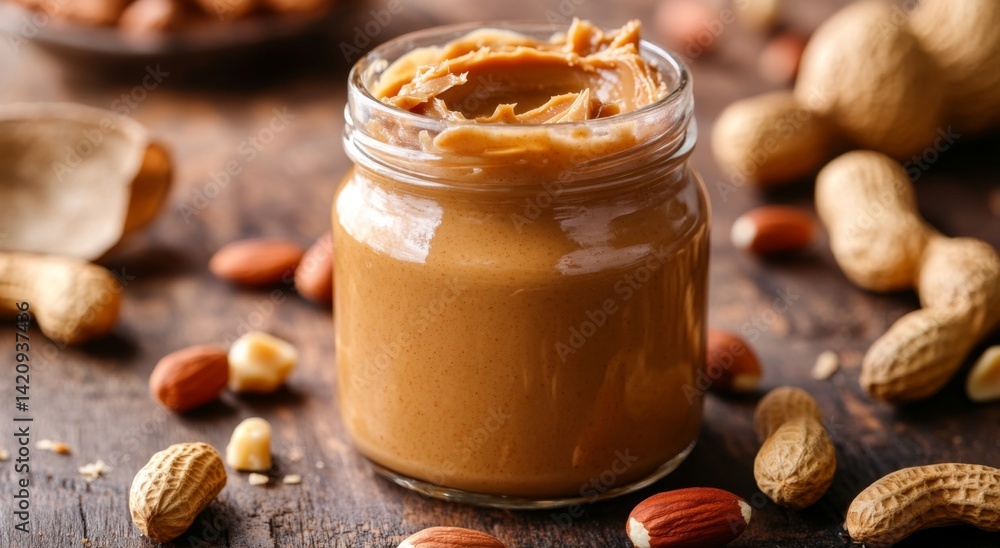 Creamy peanut butter in a glass jar, surrounded by peanuts and almonds Creamy peanut butter in a glass jar, surrounded by peanuts and almonds