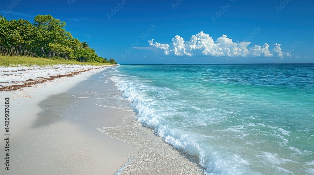 Fototapeta premium Serene coastal view featuring pristine beach, turquoise waters, and cloudy skies
