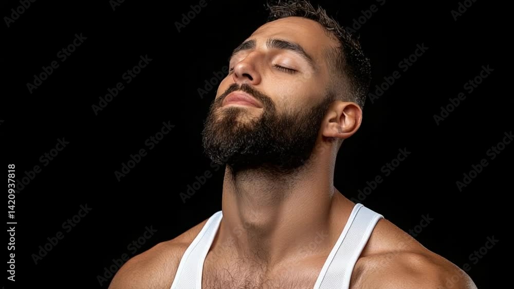 Seriously focused young man with beard, posing confidently against a dark background in a fitness-inspired setting Seriously focused young man with beard, posing confidently against a dark background in a fitness-inspired setting
