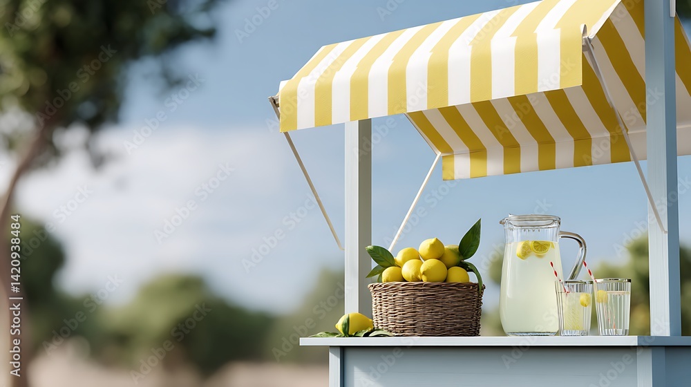 Fototapeta premium Refreshing Lemonade Stand with Yellow Stripes and Fresh Lemons on a Bright Sunny Day