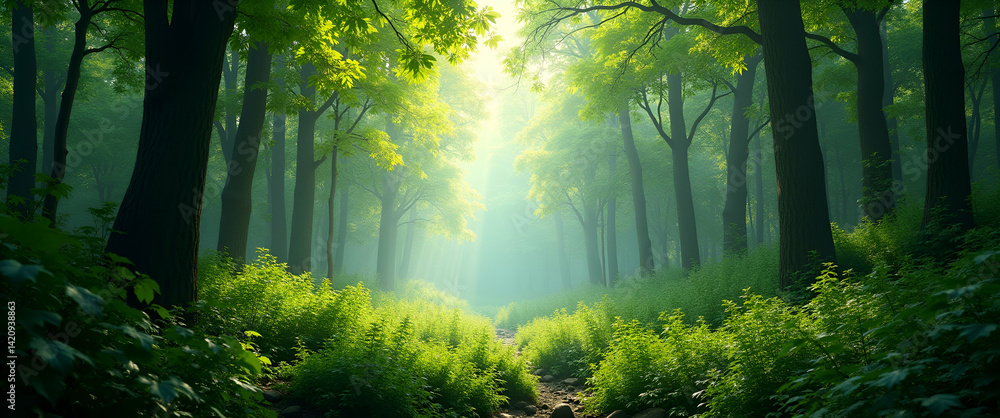 Fototapeta premium Expansive Lush Green Forests: High-Resolution Nature Imagery with Dynamic Lighting, Refined Foliage, and Serene Ecosystem Details - Perfect for Environmental Harmony Concepts