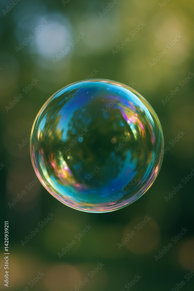 detailed shot of a single iridescent bubble floating mid-air, reflecting light and subtle colors of its surroundings detailed shot of a single iridescent bubble floating mid-air, reflecting light and subtle colors of its surroundings