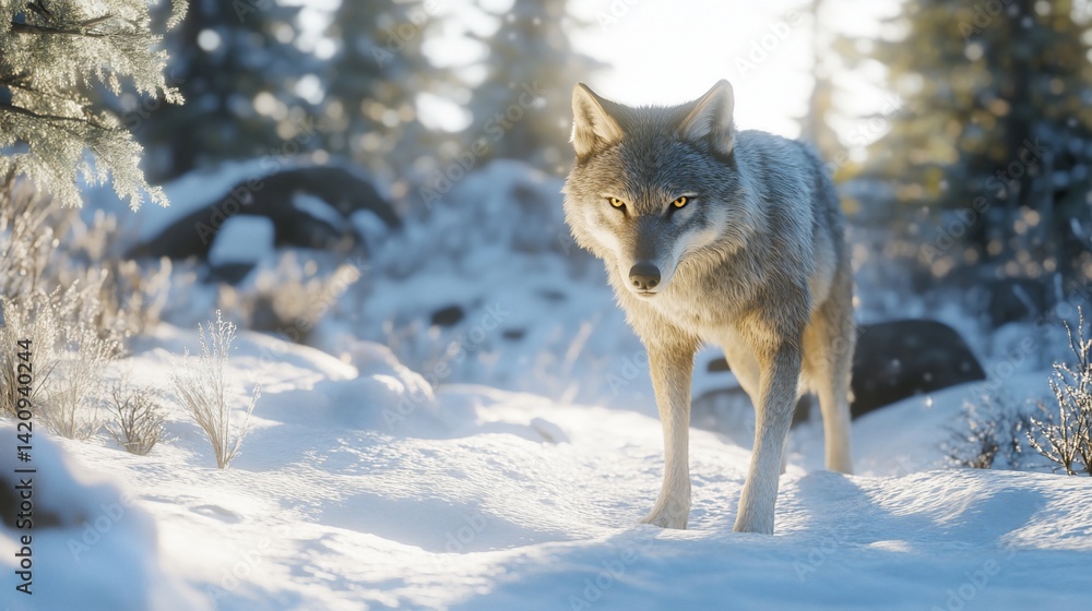 Naklejka premium Captivating gray wolf portrait in pristine winter wilderness setting