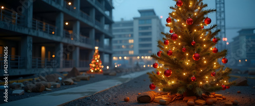 Christmas Tree Decorated with Lights and Ornaments at Construction Site: Blending Festive Spirit with Urban Development - Photo Stock Concept with Empty Space