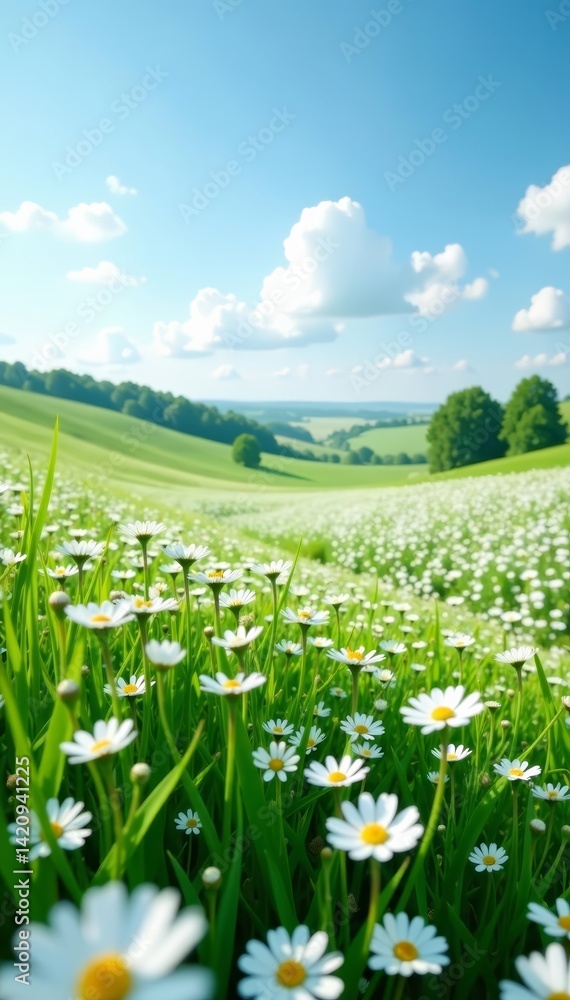 Fototapeta premium Panoramic view of endless white flowers in countryside, serene, peaceful