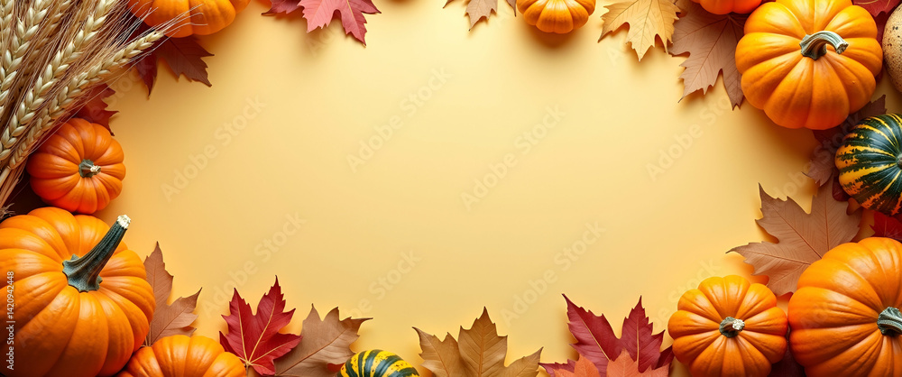 Fototapeta premium Harvest wheat and pumpkins border frame with autumn copy space for Canadian Thanksgiving concept as Golden harvest wheat and vibrant pumpkins framing autumn space for Canadian Thanksgiving messages in