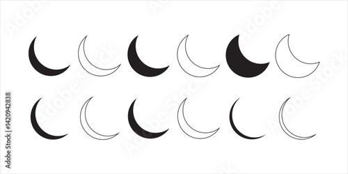 Crescent Moon Icons Set � Simple Moon Icons in Fill and Outline Style Isolated on White � Moon Shape Symbol Collection