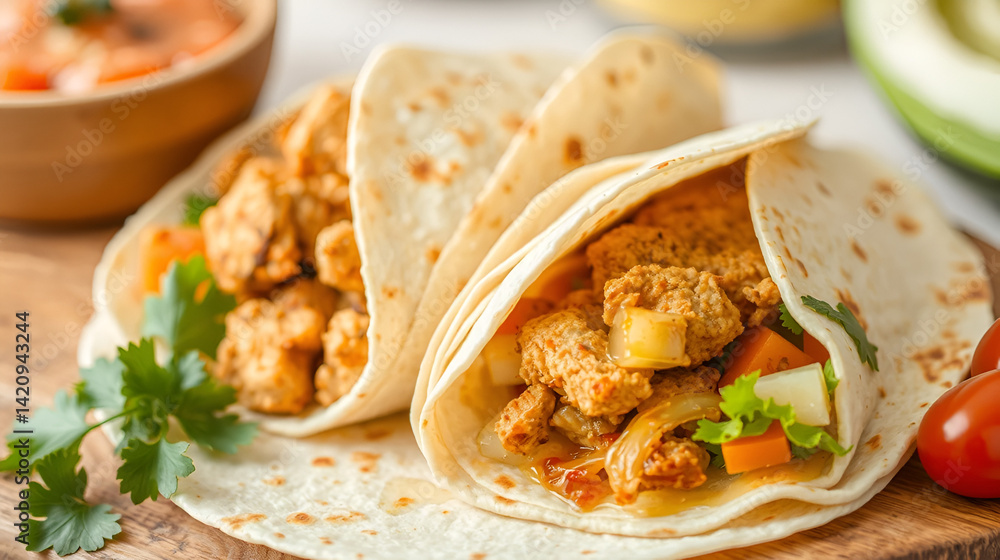 Tortilla wrap with fried chicken meat and vegetables Tortilla wrap with fried chicken meat and vegetables