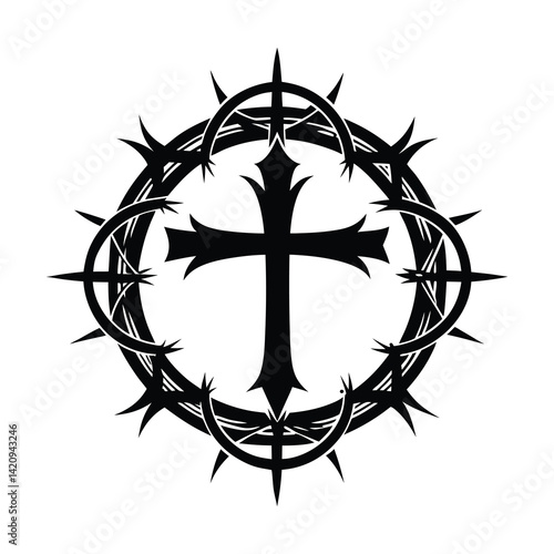 Crown Thorns Cross Religious Symbol icon of silhouette vector illustration