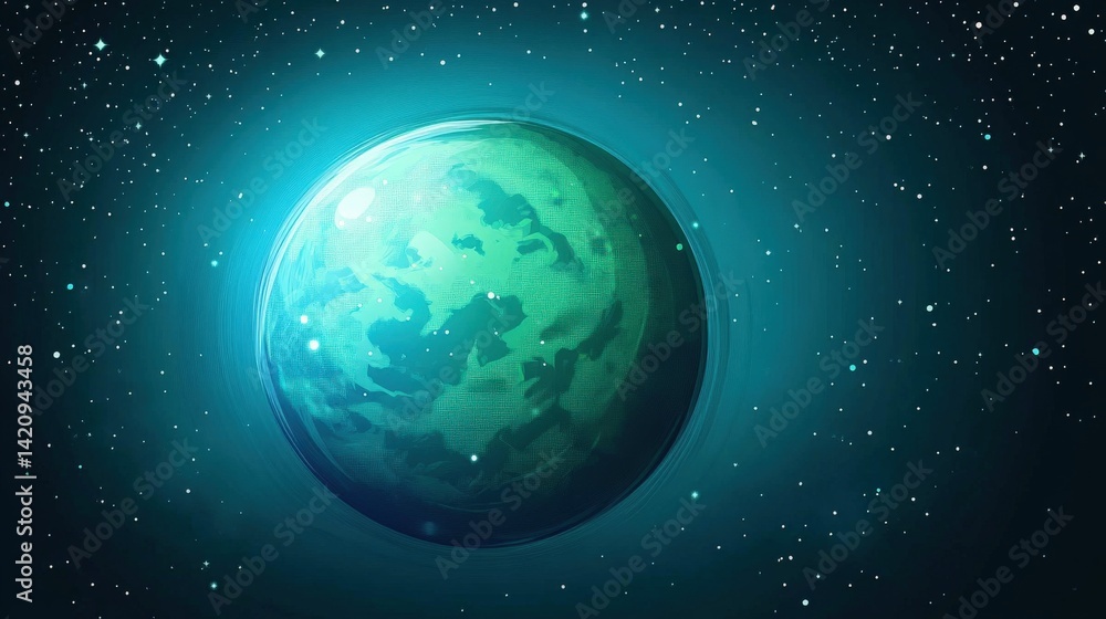 Obraz premium Vibrant Green Planet Surrounded by Stars in the Cosmic Universe