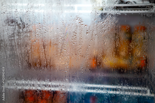 Dew on the glass door of a refrigerator
