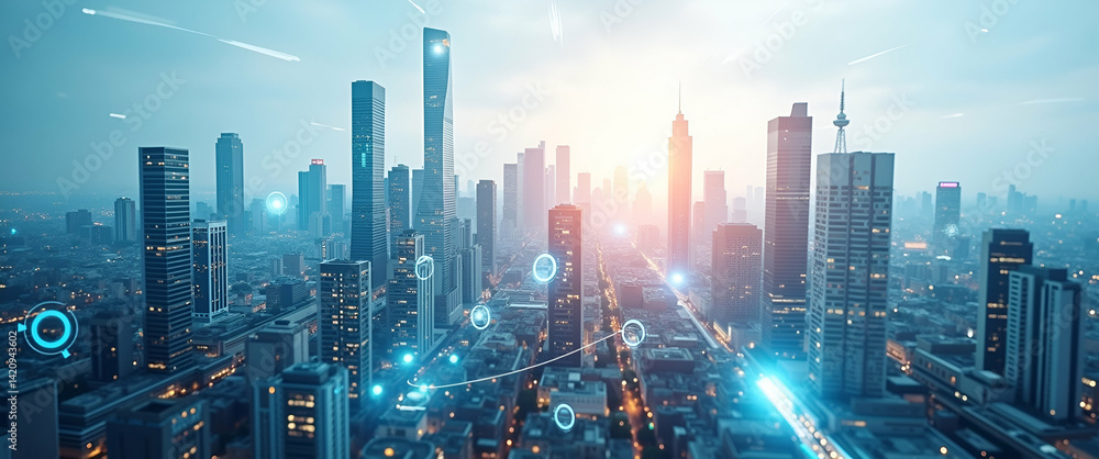 Obraz premium Photo Realistic Top View of a City with Urban Sensors: Double Exposure Concept for Smart Monitoring and Real-Time Data Collection with Copy Space for Custom Text