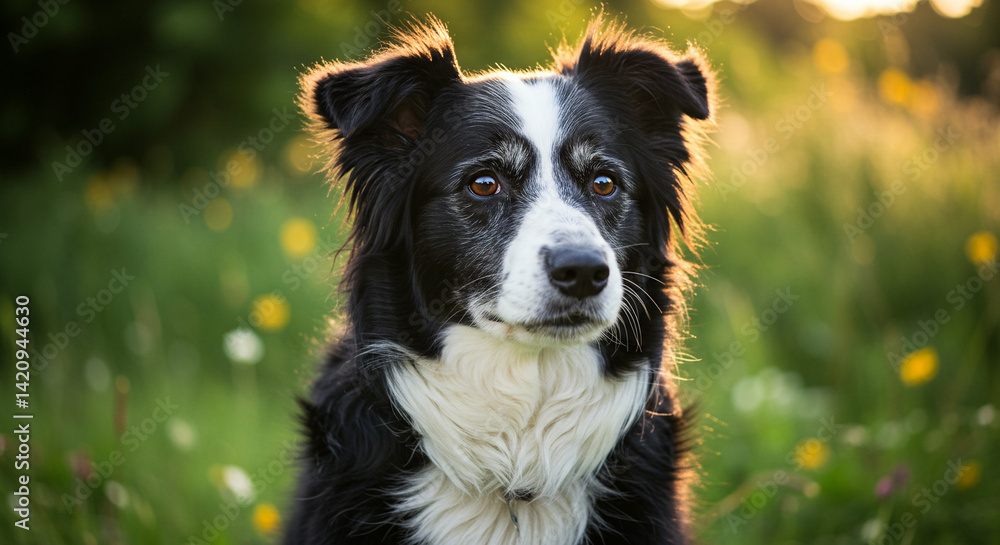 Fototapeta premium Dog Portrait in Meadow at Sunset, Close Up, Relaxing Outdoors