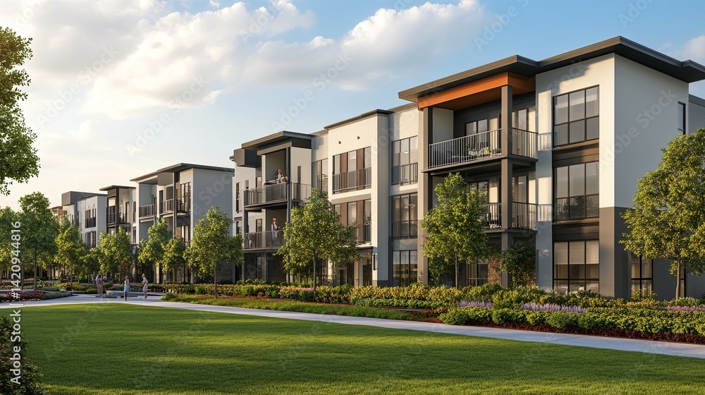 Modern Apartment Complex: Serene Landscaping and Architectural Design Modern Apartment Complex: Serene Landscaping and Architectural Design
