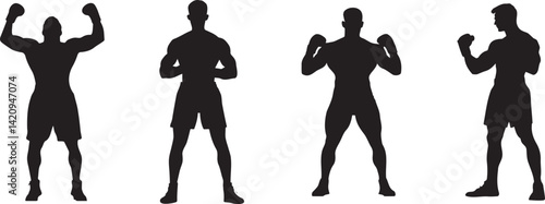 Set of four male boxer silhouettes in different fighting and victory poses on white background