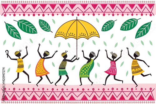Festive Dancing Figures Under Umbrella – Vibrant Celebration Scene