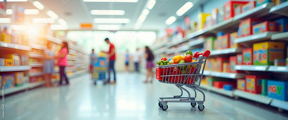 Obraz premium Photo Realistic Double Exposure of Individual with Toy Store and Shopping Cart: Symbolizing American Toy Shopping Habits with Copy Space for Custom Text