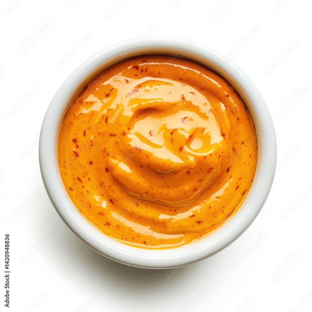 Bowl of orange sauce, top view, isolated on white background Bowl of orange sauce, top view, isolated on white background
