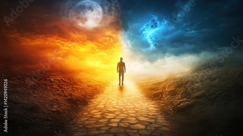 A solitary figure stands between opposing forces of nature.